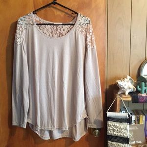 Basic Cream Tan Long Sleeve Shirt with Lace Detail